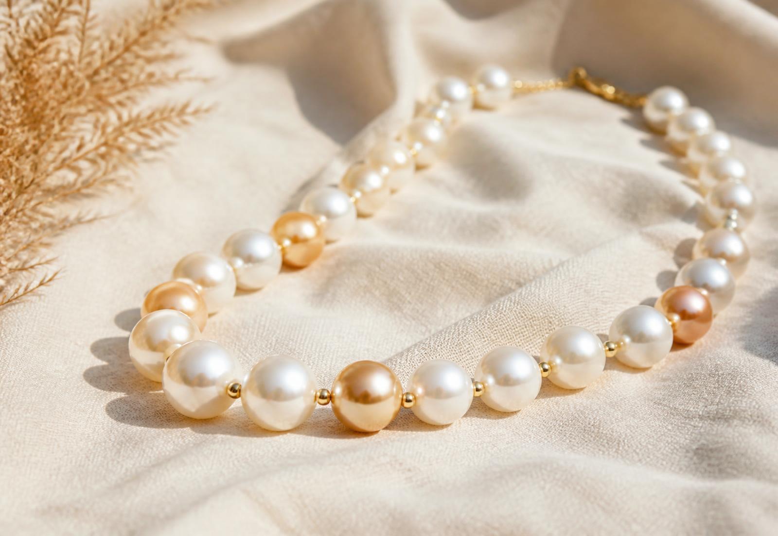Collier en perles naturelles posé sur un lin crème